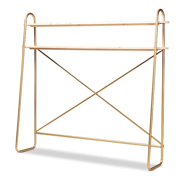 Baxton Studio Merida Glam Brushed Gold Metal and Natural Brown Wood 2-Tier Over Bed Queen Size Storage - 182-11624-ZORO