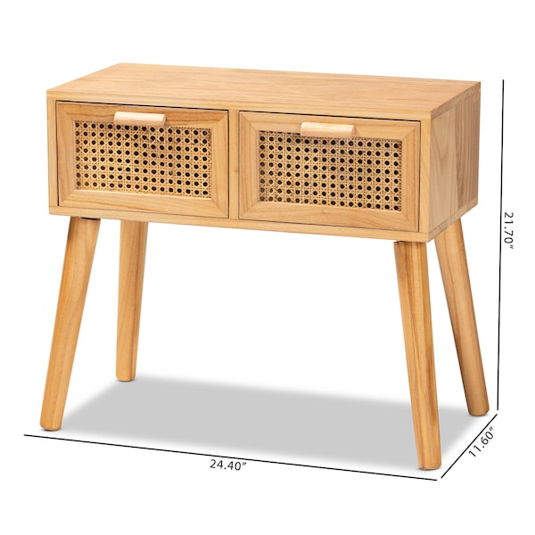 Baxton Studio Falan Mid-Century Modern Oak Brown Finished Wood 2-Drawer Console Table with Rattan - 201-12236