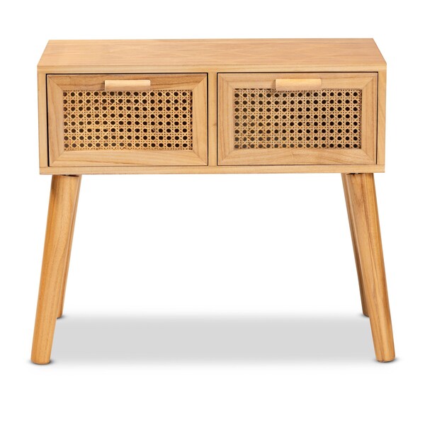 Baxton Studio Falan Mid-Century Modern Oak Brown Finished Wood 2-Drawer Console Table with Rattan - 201-12236