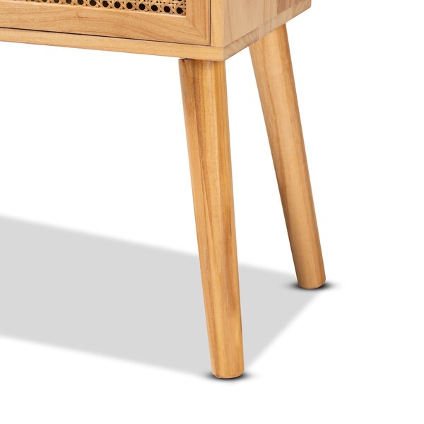 Baxton Studio Falan Mid-Century Modern Oak Brown Finished Wood 2-Drawer Console Table with Rattan - 201-12236