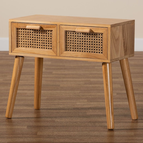 Baxton Studio Falan Mid-Century Modern Oak Brown Finished Wood 2-Drawer Console Table with Rattan - 201-12236