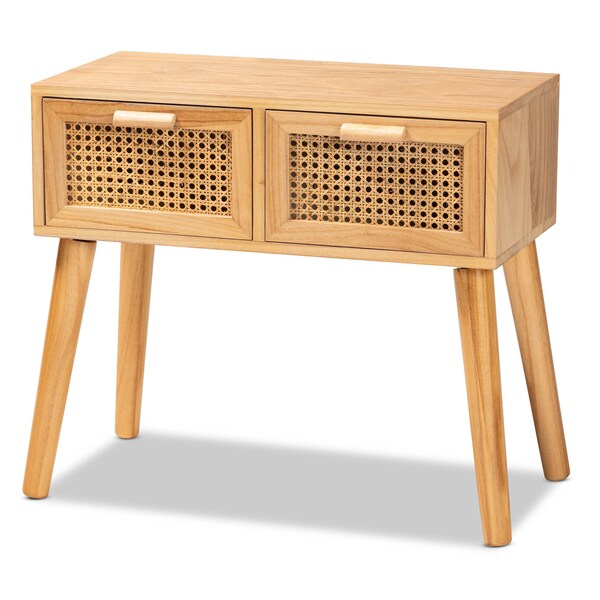 Baxton Studio Falan Mid-Century Modern Oak Brown Finished Wood 2-Drawer Console Table with Rattan - 201-12236