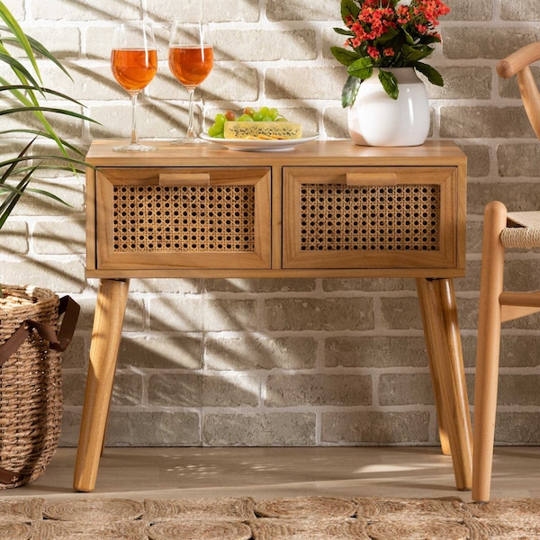 Baxton Studio Falan Mid-Century Modern Oak Brown Finished Wood 2-Drawer Console Table with Rattan - 201-12236