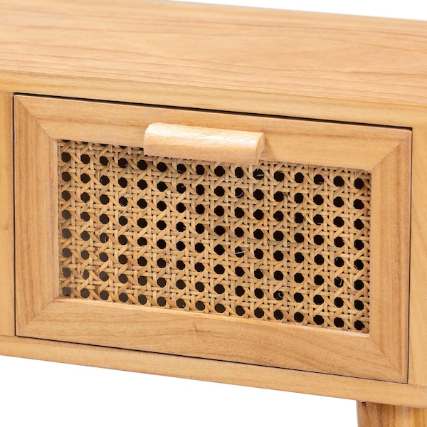 Baxton Studio Falan Mid-Century Modern Oak Brown Finished Wood 2-Drawer Console Table with Rattan - 201-12236