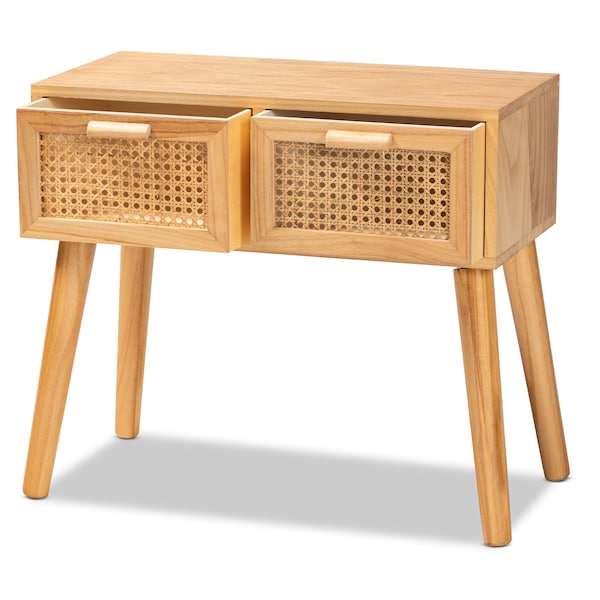 Baxton Studio Falan Mid-Century Modern Oak Brown Finished Wood 2-Drawer Console Table with Rattan - 201-12236