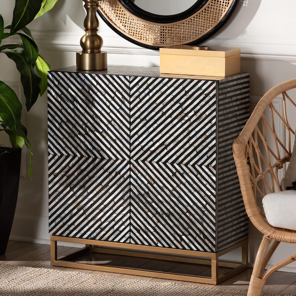 Baxton Studio Belenus Modern Bohemian Two-Tone Black and Grey Mother of Pearl and Gold Metal Storage Cabinet - 240-13472-ZORO