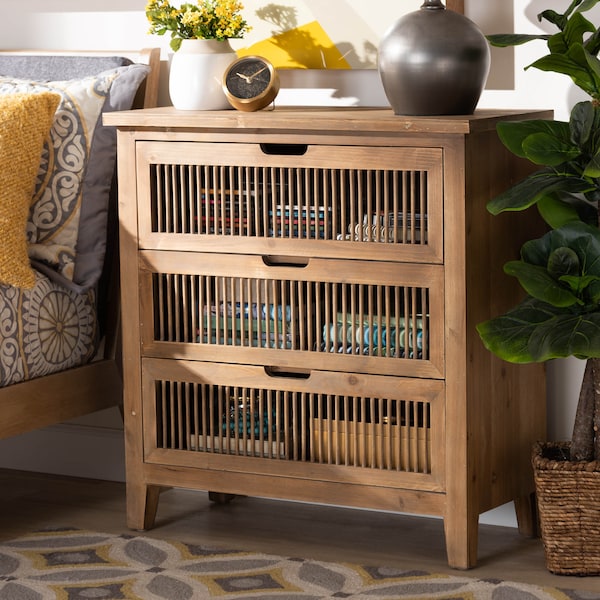 Baxton Studio Clement Oak Finished 3-Drawer Wood Spindle Chest - 162-10558