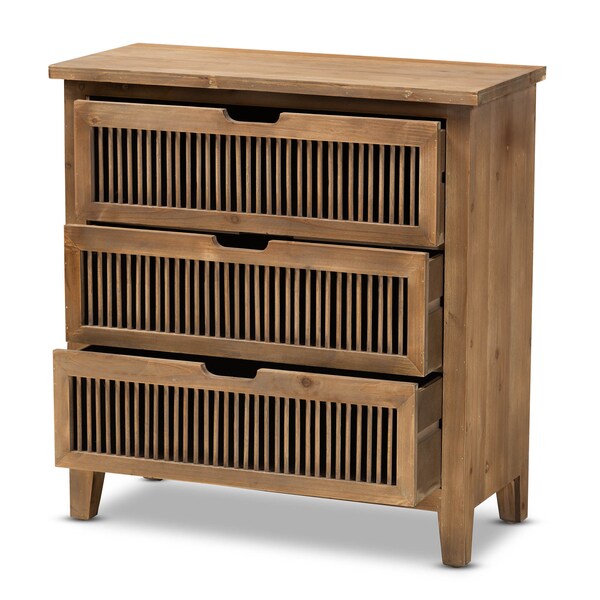 Baxton Studio Clement Oak Finished 3-Drawer Wood Spindle Chest - 162-10558