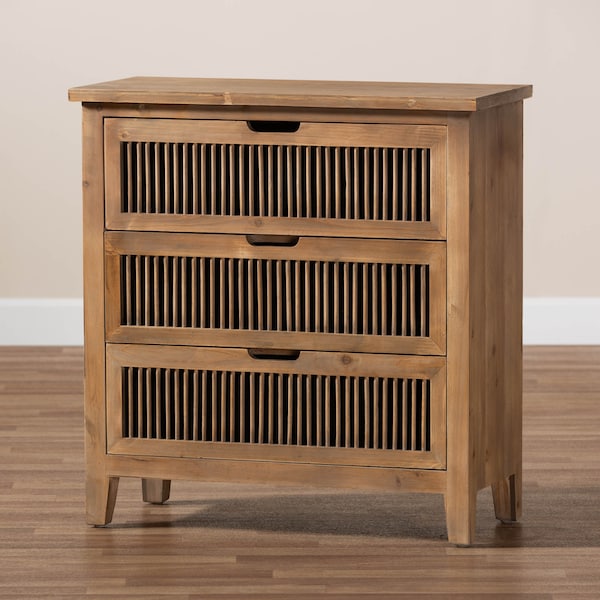 Baxton Studio Clement Oak Finished 3-Drawer Wood Spindle Chest - 162-10558