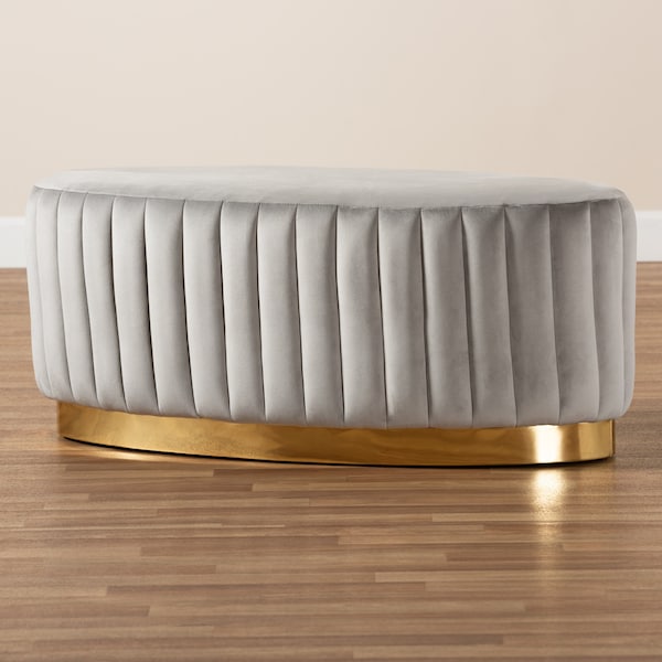 Baxton Studio Kirana Glam and Luxe Grey Velvet Fabric and Gold PU Leather Ottoman - 175-11239-ZORO