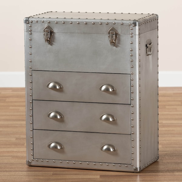 Baxton Studio Serge Silver Metal 3-Drawer Accent Storage Chest - 160-10245