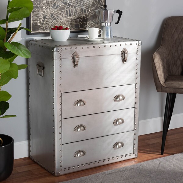 Baxton Studio Serge Silver Metal 3-Drawer Accent Storage Chest - 160-10245