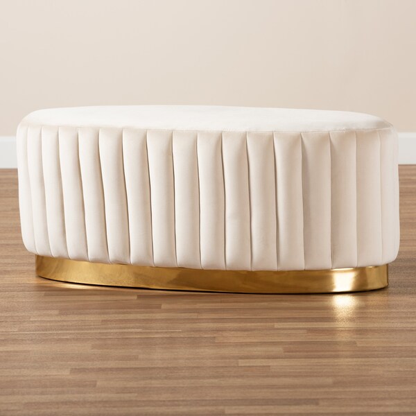 Baxton Studio Kirana Glam and Luxe Beige Velvet Fabric and Gold PU Leather Ottoman - 175-11240-ZORO