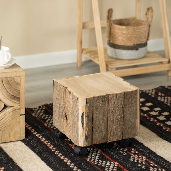 Vintiquewise Accent Decorative Natural Wooden Square Stump Stool, with Wheels for Indoor and Outdoor - QI004284