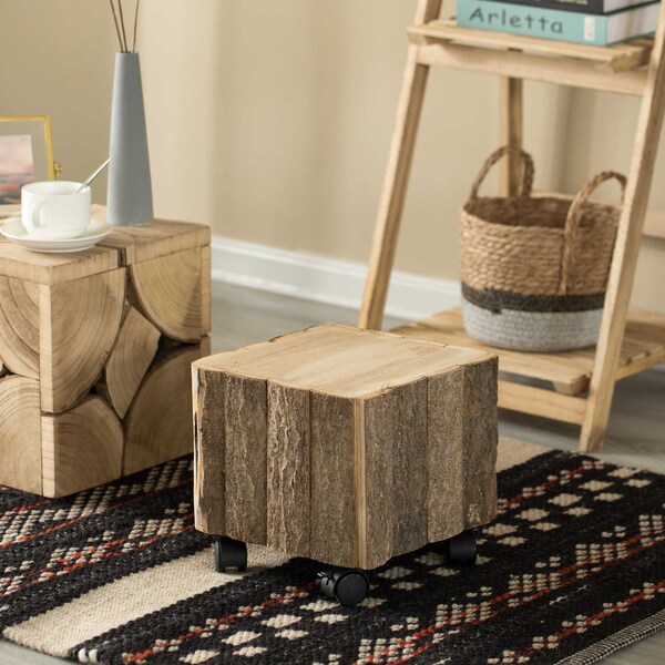 Vintiquewise Accent Decorative Natural Wooden Square Stump Stool, with Wheels for Indoor and Outdoor - QI004284