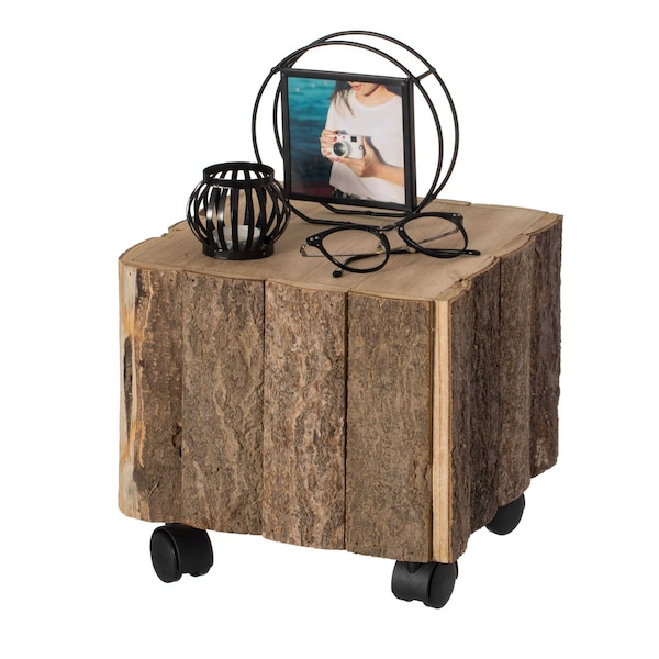 Vintiquewise Accent Decorative Natural Wooden Square Stump Stool, with Wheels for Indoor and Outdoor - QI004284