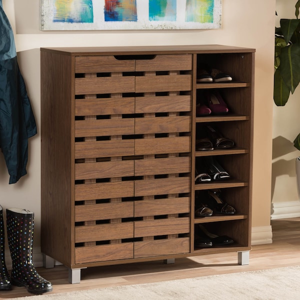 Baxton Studio Shirley "Walnut" Medium Wood 2-Door Shoe Cabinet with Open Shelves - 124-6602
