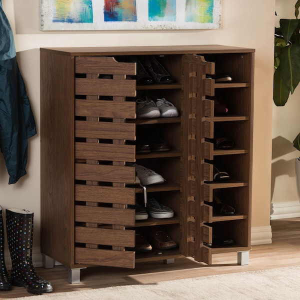 Baxton Studio Shirley "Walnut" Medium Wood 2-Door Shoe Cabinet with Open Shelves - 124-6602