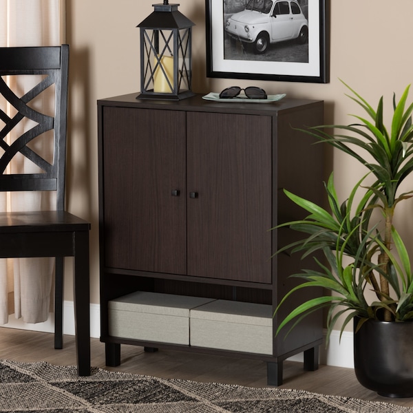 Baxton Studio Rossin Modern Dark Brown Finished Wood 2-Door Entryway Shoe Storage Cabinet with Bottom Shelf - 182-11687-ZORO