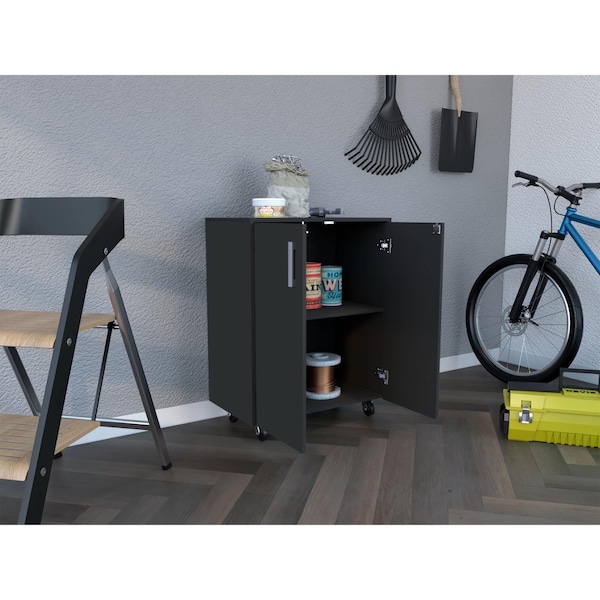 Tuhome Storage Cabinet, Casters, Double Door, Two Interior Shelves, Black - BBN6773
