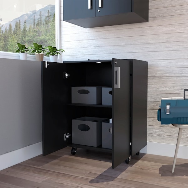 Tuhome Storage Cabinet, Casters, Double Door, Two Interior Shelves, Black - BBN6773