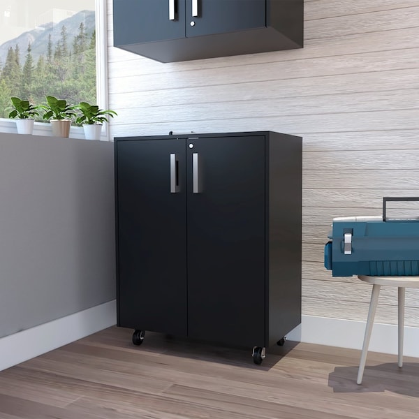 Tuhome Storage Cabinet, Casters, Double Door, Two Interior Shelves, Black - BBN6773