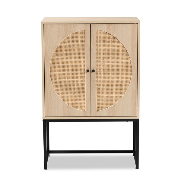 Baxton Studio Ardon Bohemian Light Brown Finished Wood and Black Metal 2-Door Storage Cabinet with Natural Rattan - 196-12077-ZORO
