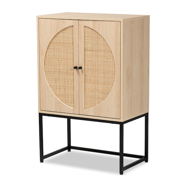 Baxton Studio Ardon Bohemian Light Brown Finished Wood and Black Metal 2-Door Storage Cabinet with Natural Rattan - 196-12077-ZORO