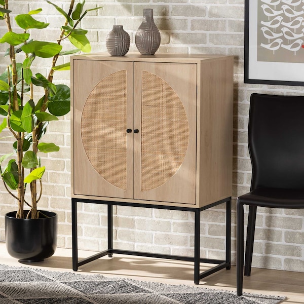 Baxton Studio Ardon Bohemian Light Brown Finished Wood and Black Metal 2-Door Storage Cabinet with Natural Rattan - 196-12077-ZORO