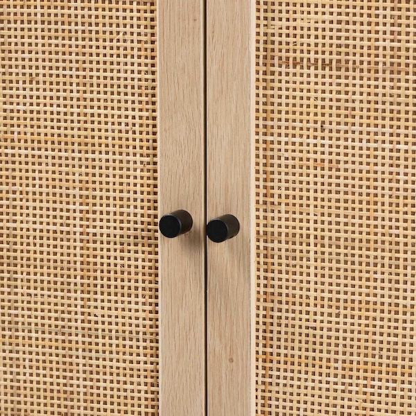 Baxton Studio Ardon Bohemian Light Brown Finished Wood and Black Metal 2-Door Storage Cabinet with Natural Rattan - 196-12077-ZORO