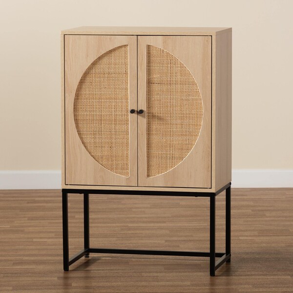 Baxton Studio Ardon Bohemian Light Brown Finished Wood and Black Metal 2-Door Storage Cabinet with Natural Rattan - 196-12077-ZORO
