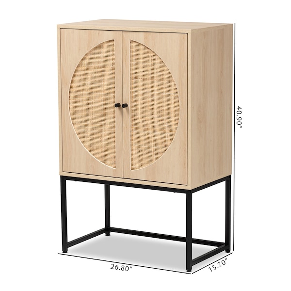Baxton Studio Ardon Bohemian Light Brown Finished Wood and Black Metal 2-Door Storage Cabinet with Natural Rattan - 196-12077-ZORO
