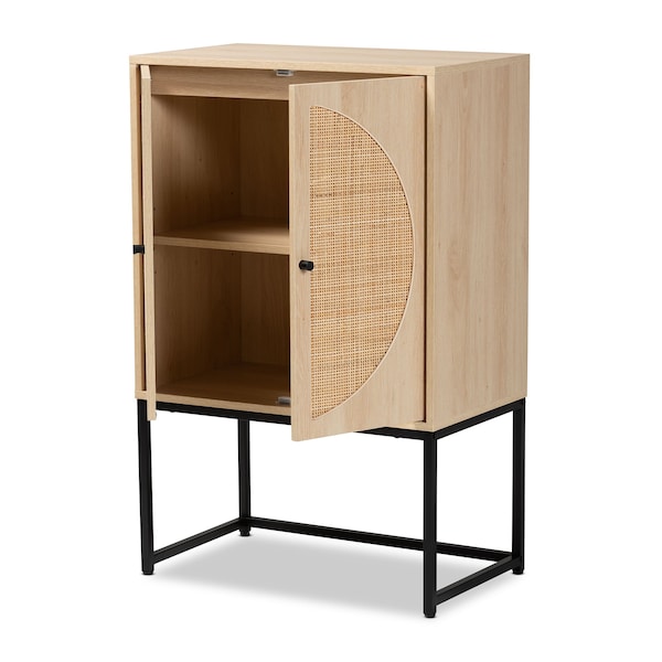 Baxton Studio Ardon Bohemian Light Brown Finished Wood and Black Metal 2-Door Storage Cabinet with Natural Rattan - 196-12077-ZORO
