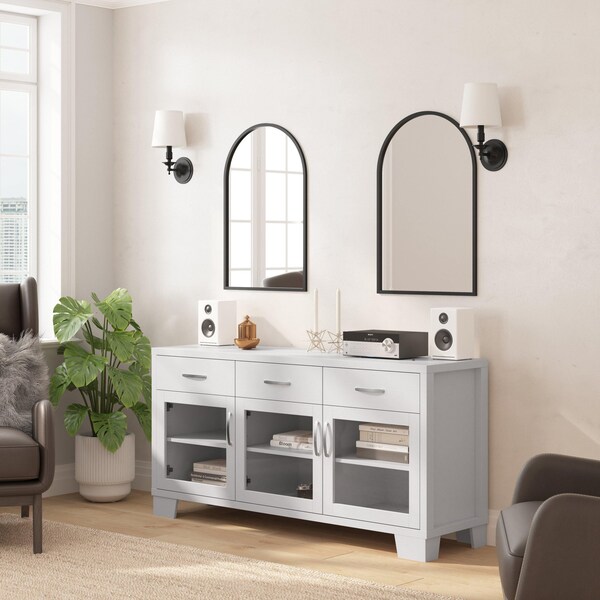 Flash Furniture Wells White 59 Inch Storage Cabinet, Engineered Wood, 3 Tempered Glass Doors and 3 Drawers - EV-CA7515-01ZZ-WH-GG