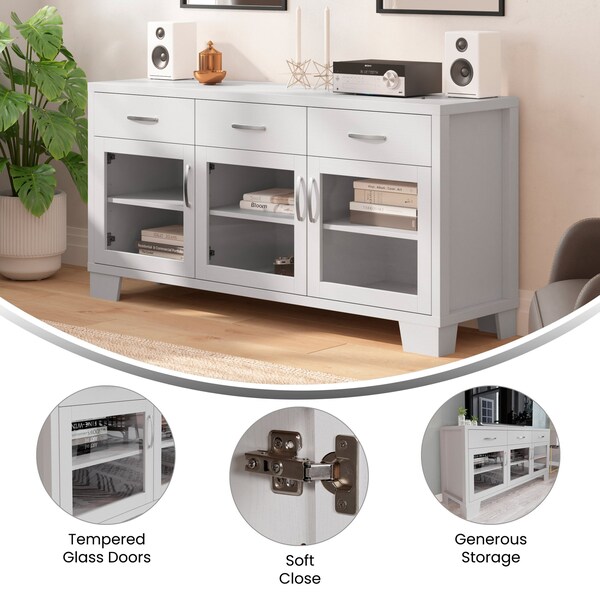 Flash Furniture Wells White 59 Inch Storage Cabinet, Engineered Wood, 3 Tempered Glass Doors and 3 Drawers - EV-CA7515-01ZZ-WH-GG
