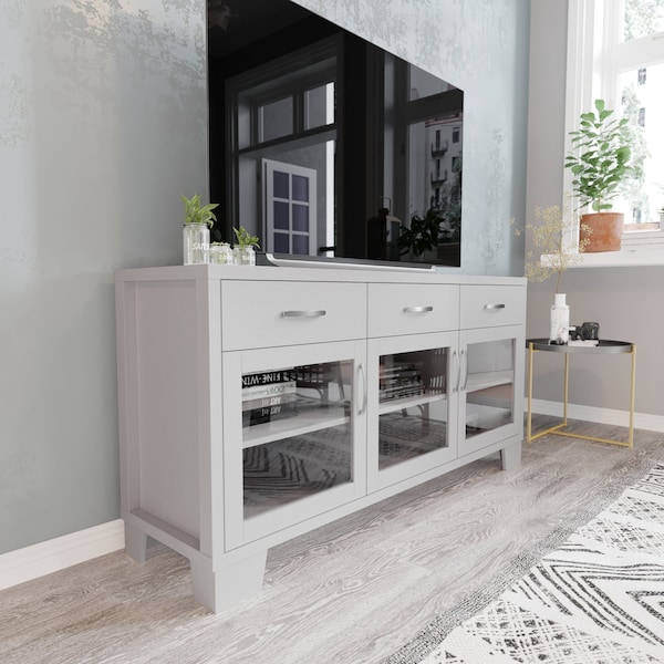 Flash Furniture Wells White 59 Inch Storage Cabinet, Engineered Wood, 3 Tempered Glass Doors and 3 Drawers - EV-CA7515-01ZZ-WH-GG