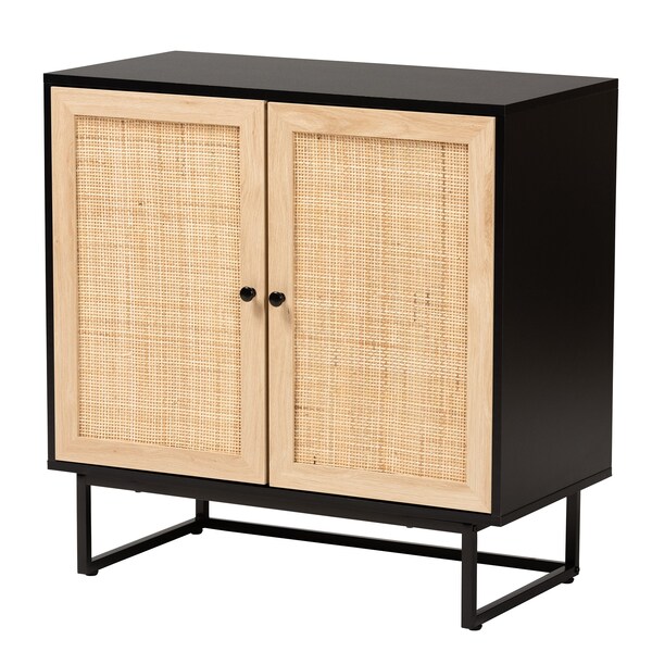 Baxton Studio Declan MidCentury Modern Espresso Brown Finished Wood and Natural Rattan 2Door Storage Cabinet - 221-12472-ZORO