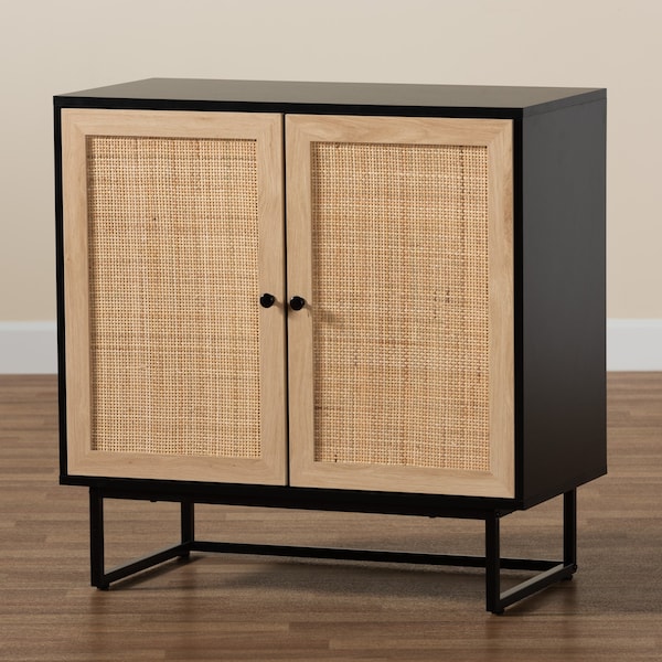 Baxton Studio Declan MidCentury Modern Espresso Brown Finished Wood and Natural Rattan 2Door Storage Cabinet - 221-12472-ZORO
