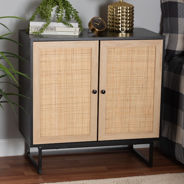 Baxton Studio Declan MidCentury Modern Espresso Brown Finished Wood and Natural Rattan 2Door Storage Cabinet - 221-12472-ZORO