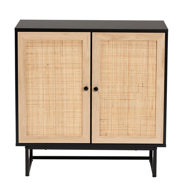 Baxton Studio Declan MidCentury Modern Espresso Brown Finished Wood and Natural Rattan 2Door Storage Cabinet - 221-12472-ZORO