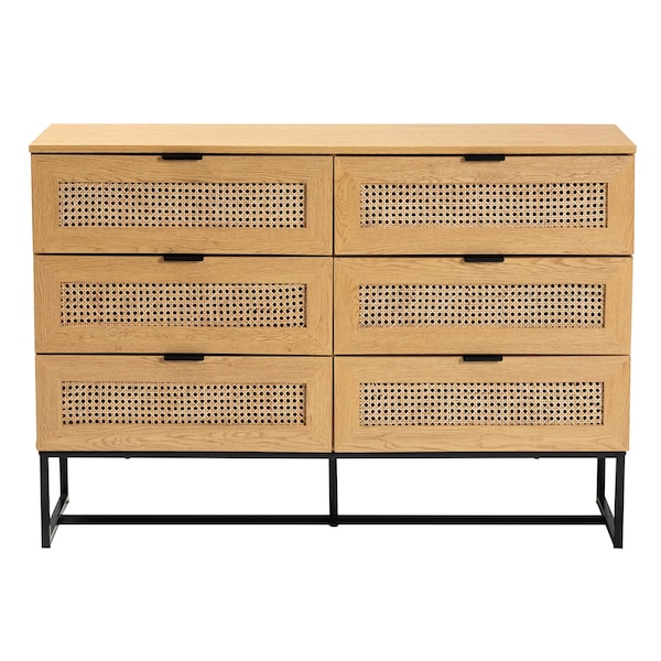 Baxton Studio Sawyer MidCentury Oak Brown Finished Wood and Black Metal  Storage Cabinet with Natural Rattan - 223-12921-ZORO