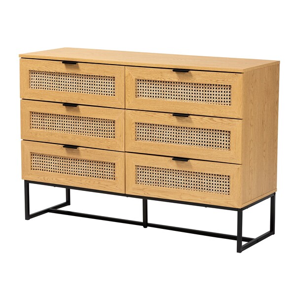 Baxton Studio Sawyer MidCentury Oak Brown Finished Wood and Black Metal  Storage Cabinet with Natural Rattan - 223-12921-ZORO