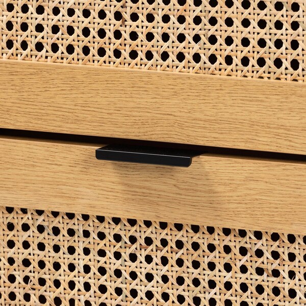 Baxton Studio Sawyer MidCentury Oak Brown Finished Wood and Black Metal  Storage Cabinet with Natural Rattan - 223-12921-ZORO