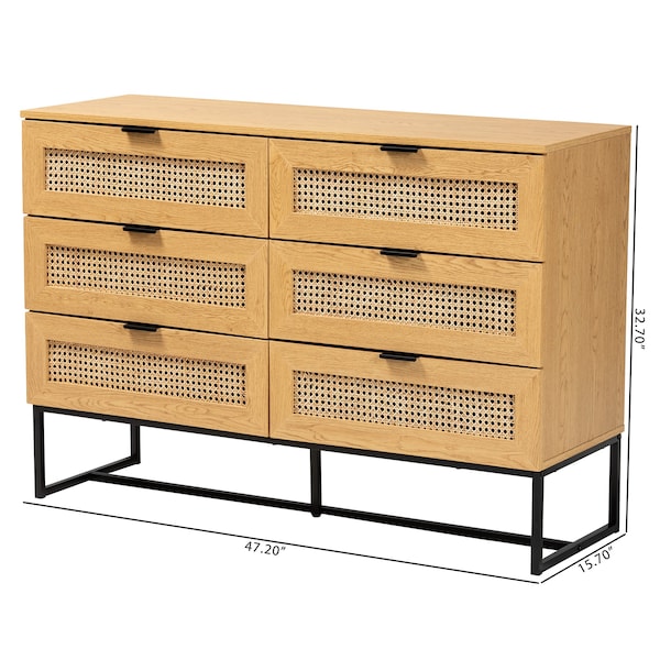 Baxton Studio Sawyer MidCentury Oak Brown Finished Wood and Black Metal  Storage Cabinet with Natural Rattan - 223-12921-ZORO