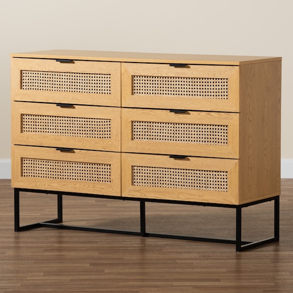 Baxton Studio Sawyer MidCentury Oak Brown Finished Wood and Black Metal  Storage Cabinet with Natural Rattan - 223-12921-ZORO