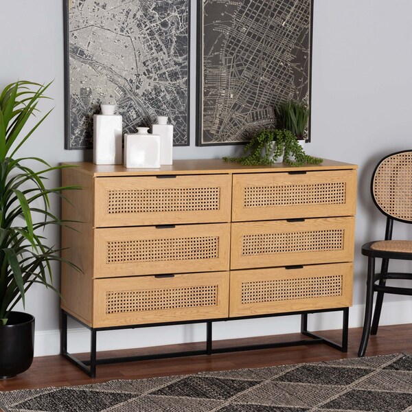 Baxton Studio Sawyer MidCentury Oak Brown Finished Wood and Black Metal  Storage Cabinet with Natural Rattan - 223-12921-ZORO