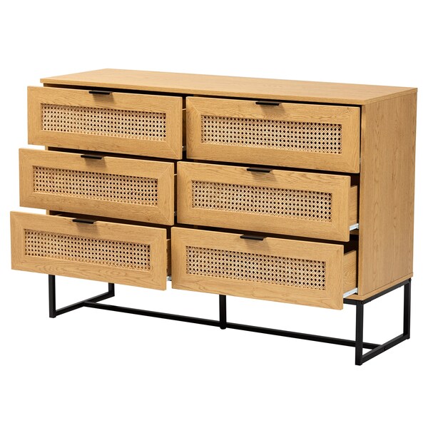 Baxton Studio Sawyer MidCentury Oak Brown Finished Wood and Black Metal  Storage Cabinet with Natural Rattan - 223-12921-ZORO