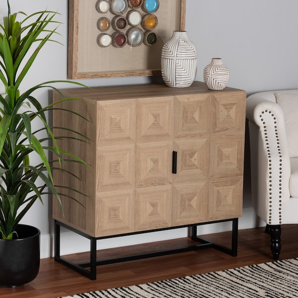 Baxton Studio Darien Modern and Contemporary Natural Brown Finished Wood and Black Metal 2Door Storage Cabinet - 213-12461-ZORO