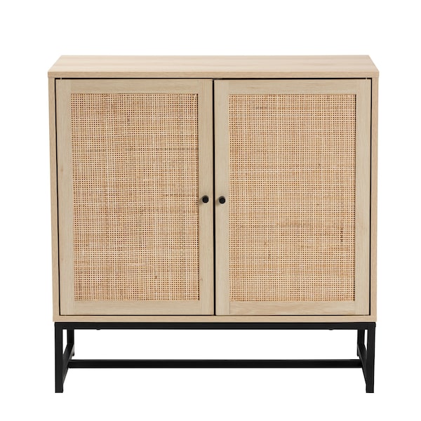 Baxton Studio Caterina MidCentury Transitional Natural Brown Finished Wood and Natural Rattan Storage Cabinet - 220-12859-ZORO