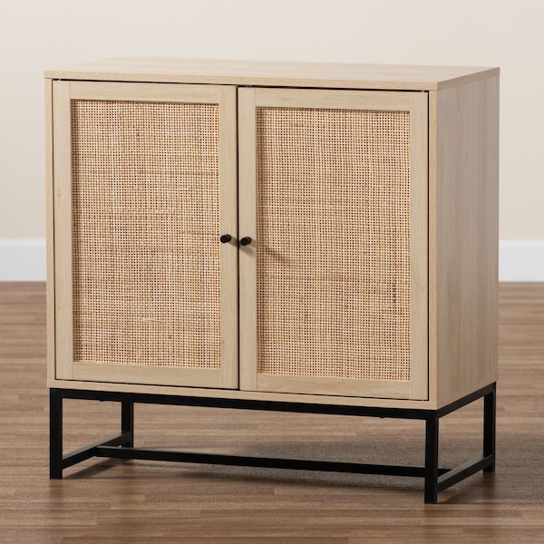 Baxton Studio Caterina MidCentury Transitional Natural Brown Finished Wood and Natural Rattan Storage Cabinet - 220-12859-ZORO